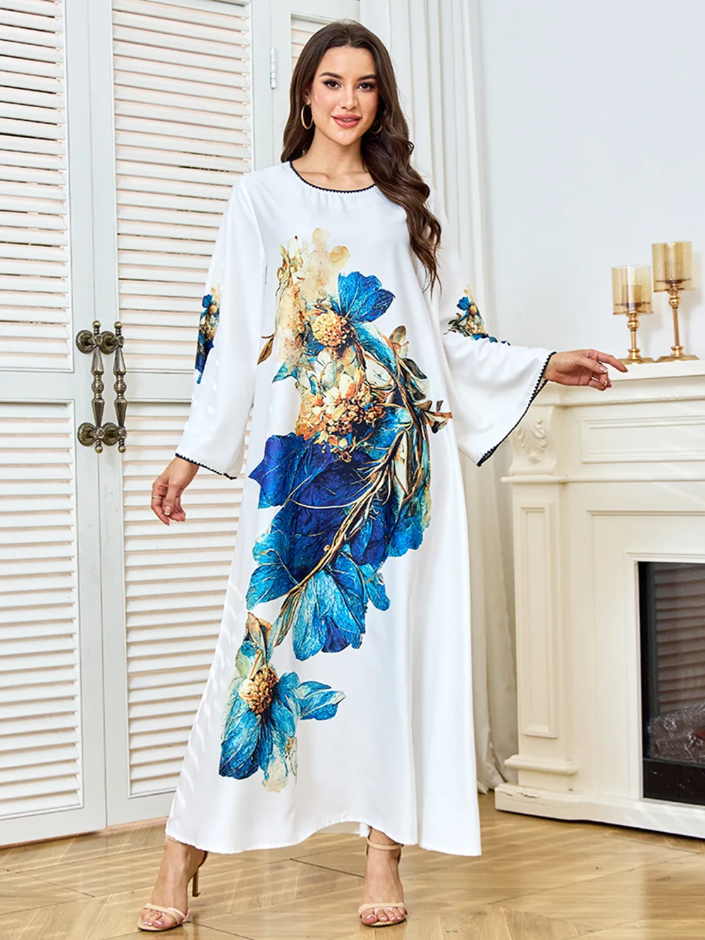 

Роскошное ботаническое платье Абая с круглым вырезом и принтом Абая, большая длина, струящееся платье Абая, скромность, среднее арабескское платье