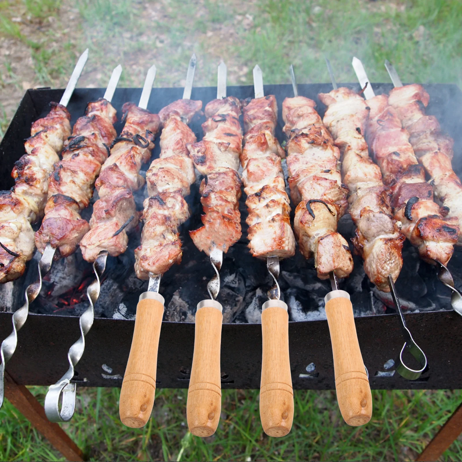 

14pcs Bbq Grill Fork Handles: 4Mm Wood Grips For Skewers Anti-Scald Detachable Rotisserie Fork Replacement Heat Resistant