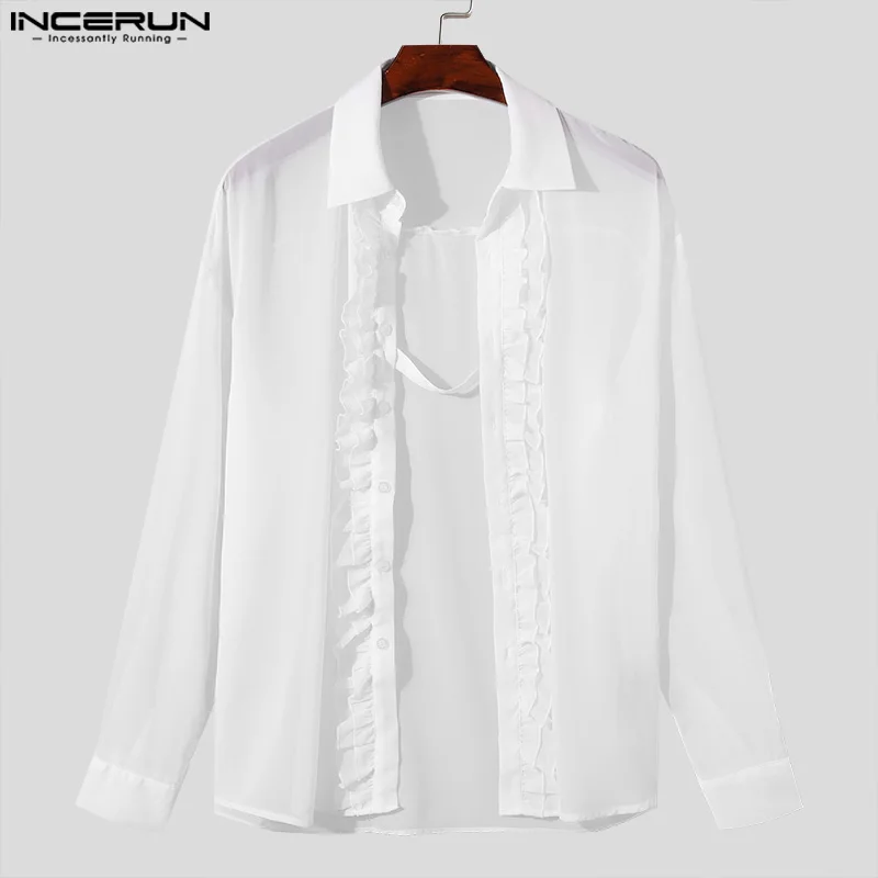 INCERUN-camisa con volantes para hombre, ropa de calle de manga larga con cuello en V, Color sólido, transparente, informal, a la moda, S-5XL, 2024