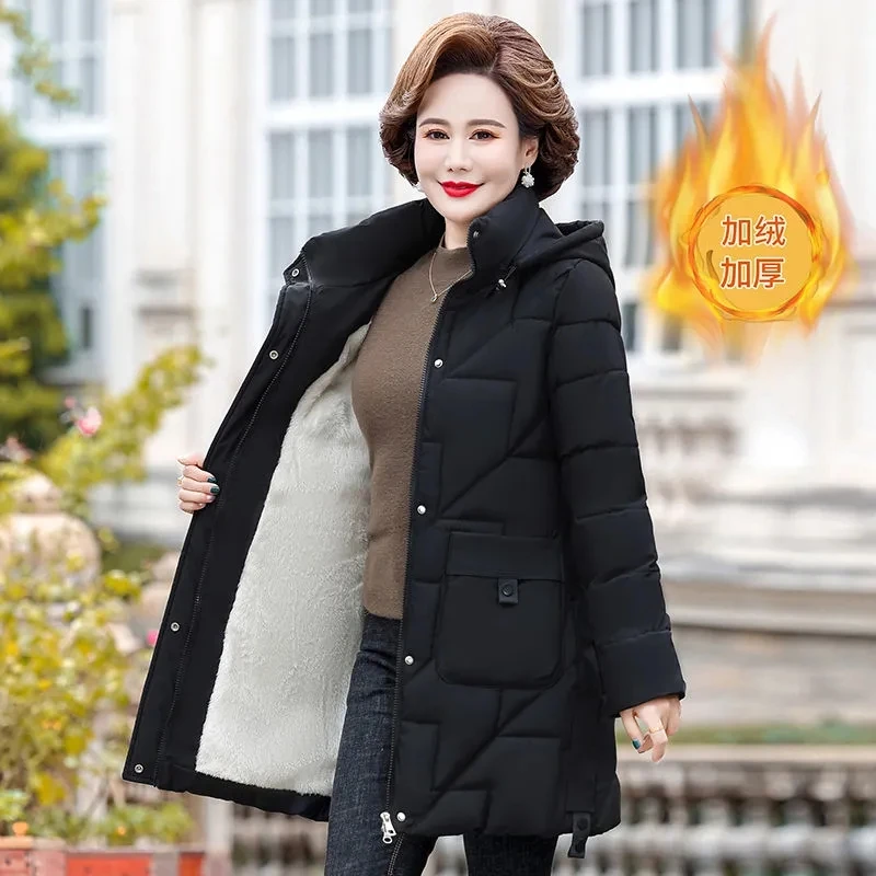 Middle-Aged And Elderly Women\'s Winter Cotton-Padded Coat With Long Over-The-Knee Padded Mother\'s Down Hooded Warm Jacket