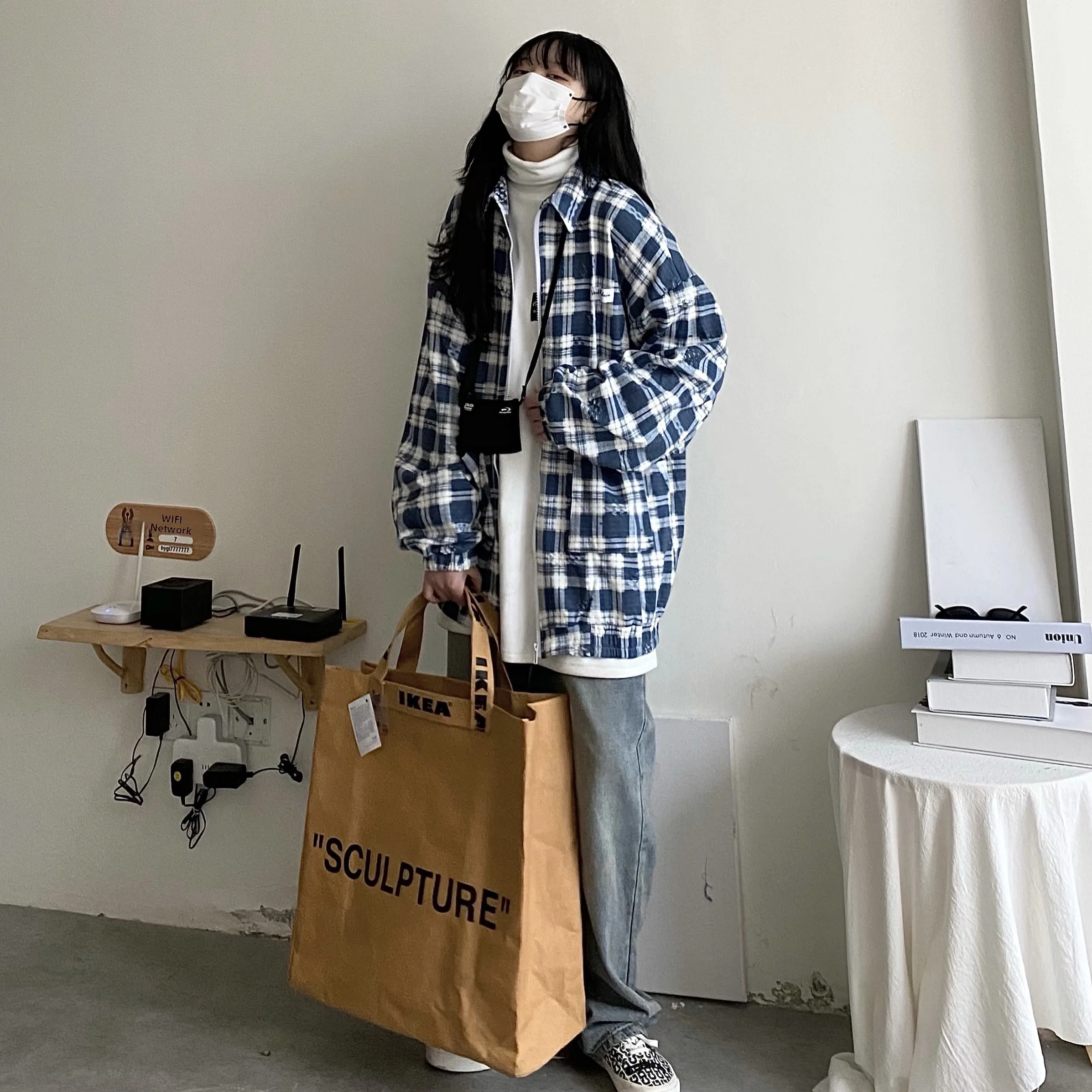 

Новая женская свободная рубашка-жакет в клетку Takeoff Curry Man Spring в стиле ретро с дырками, уличный тренд, в стиле Ins, в японском и корейском стиле, Ne Lon...