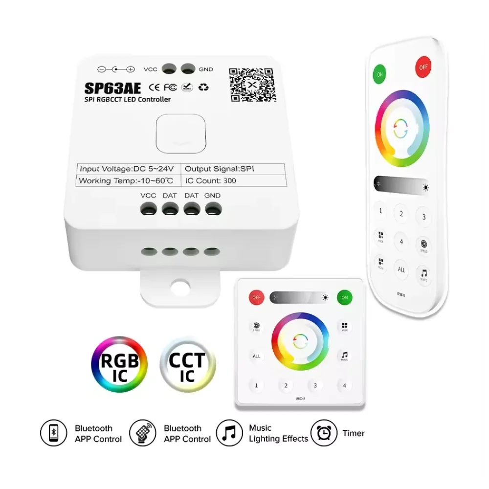 SP63AE/RB4/RC4 pikseli kontroler LED SPI WS2812B RGB SK6812 WS2814 RGBCCT listwa oświetleniowa muzyka Bluetooth IOS Android 2.4G 5V-24V