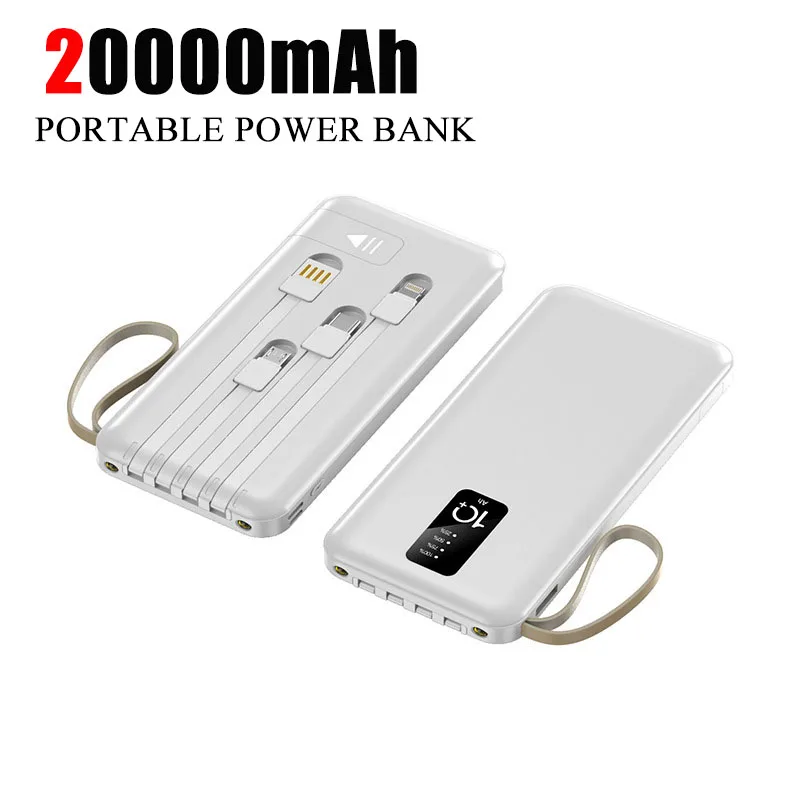 

Power Bank 20000 мАч Портативное зарядное устройство Внешнее зарядное устройство для мобильного телефона Powerbank Встроенные кабели для iPhone Xiaomi Samsung