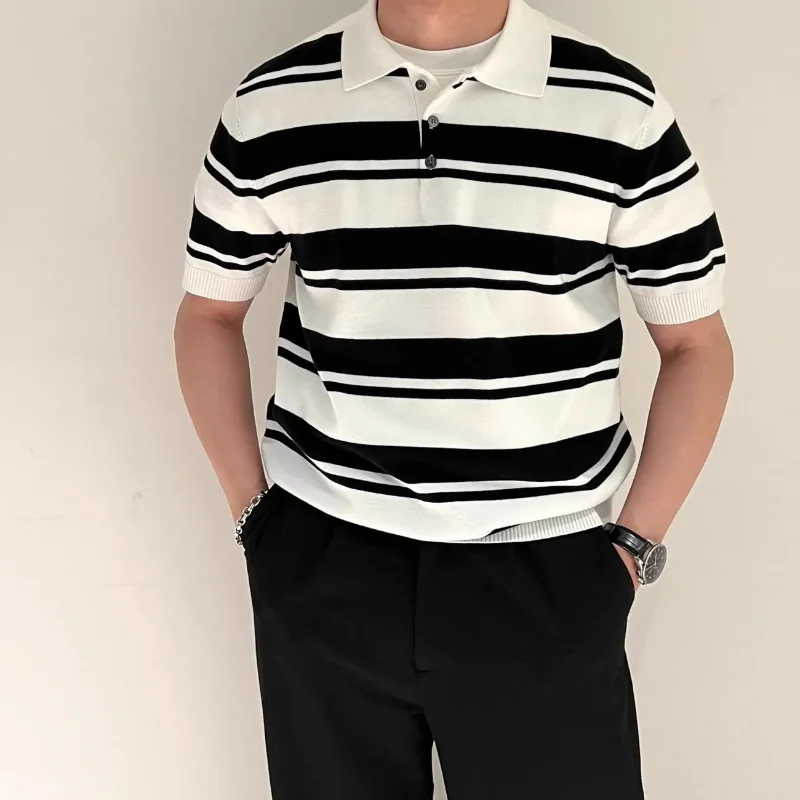 

Мужская летняя трикотажная футболка в полоску из ледяного шелка с короткими рукавами и воротником, универсальный повседневный базовый топ для верхней одежды