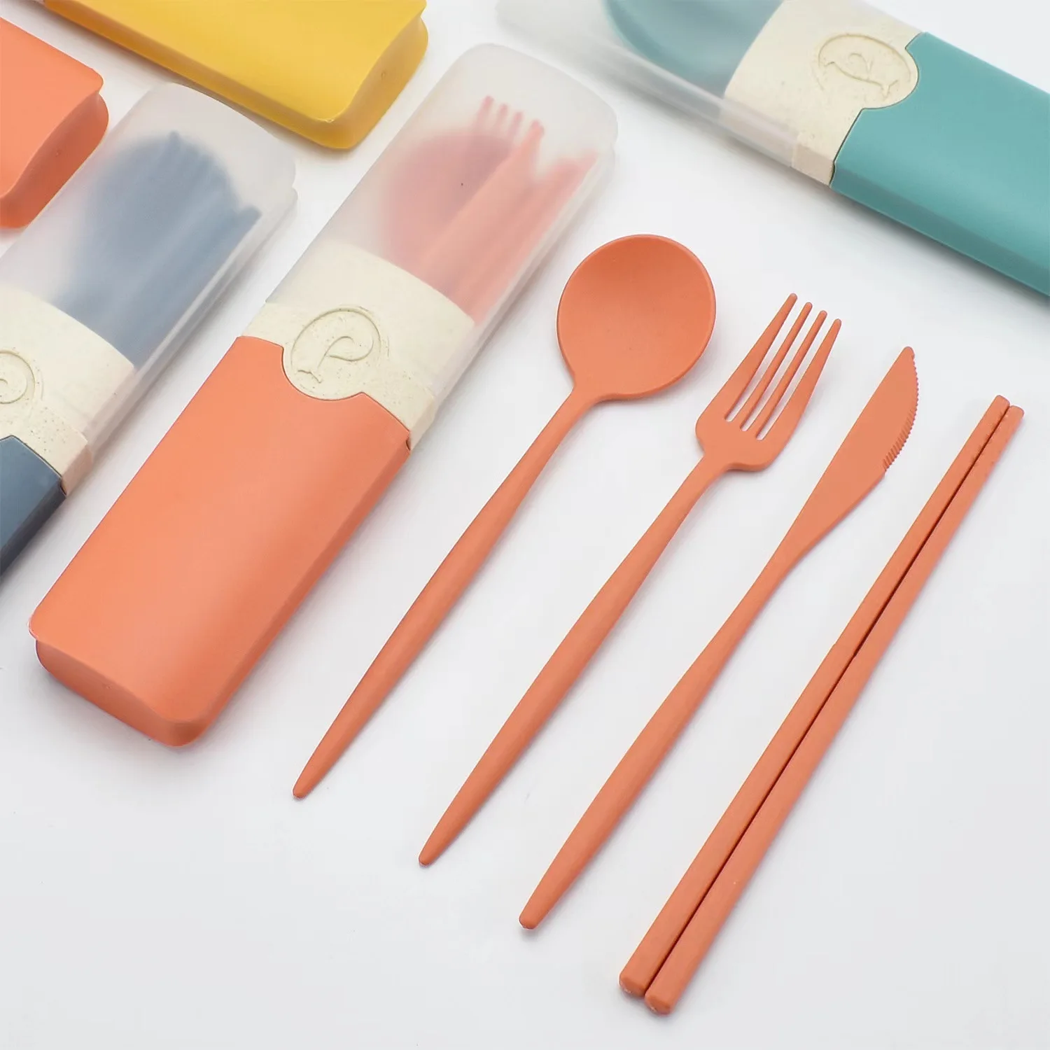 Wheat Straw Portable Tableware Knife Fork Spoon Chopsticks Dinnerware Set with Storage Box Student Travel Cutlery for BBQ Party