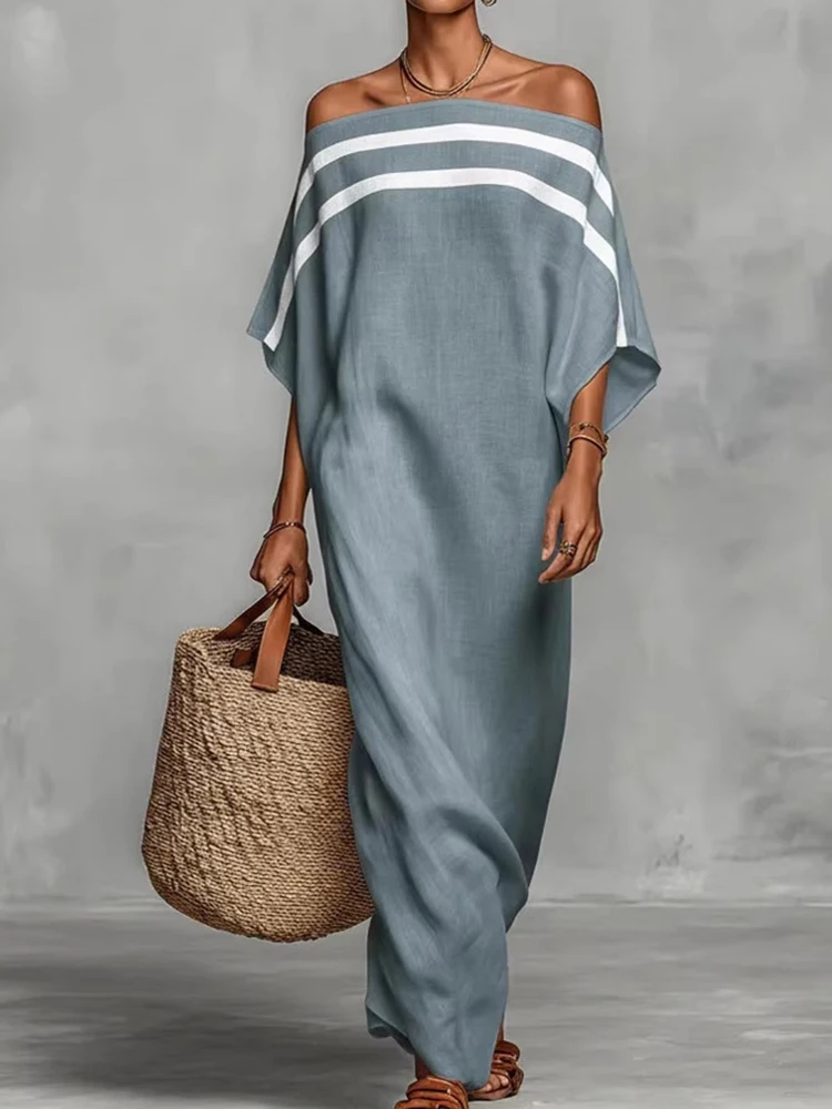 2026 Beach Style Half Sleeve Maxi Dress, Women Spring Summer Slash Neck Simple Party Dress, Solid Patchwork Chic Ladies Dresses