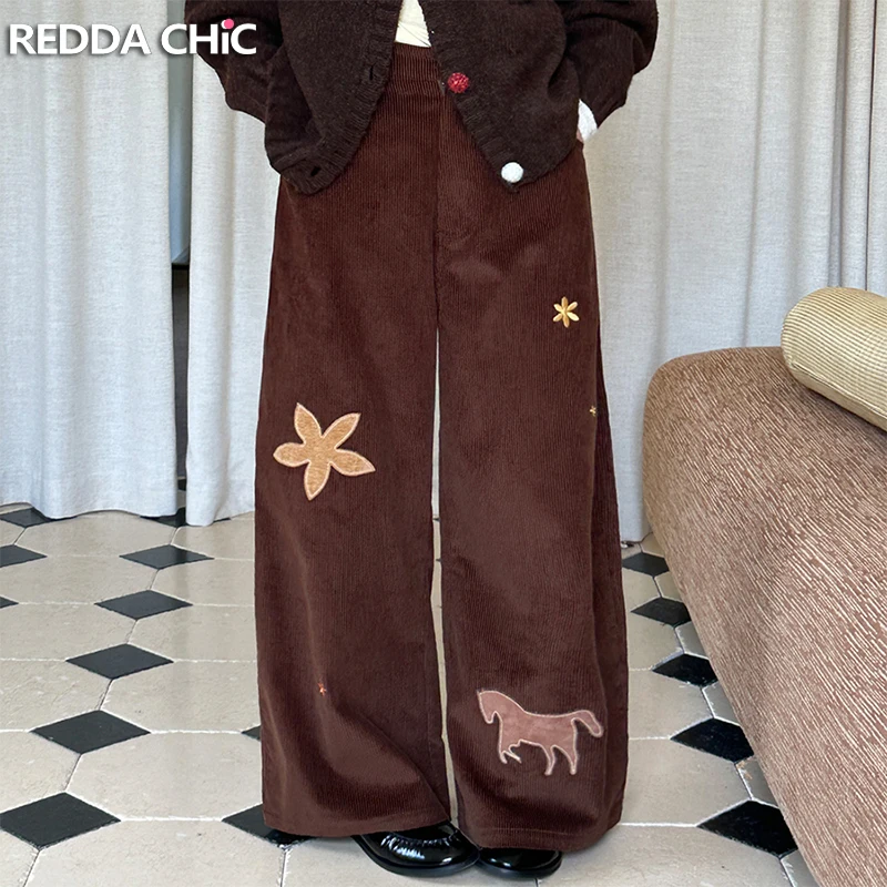 

ReddaChic Women Pants for Autumn Winter Brown Corduroy Pants Vintage Embroidery Pattern Patchwork Pantalones Mujer Trousers