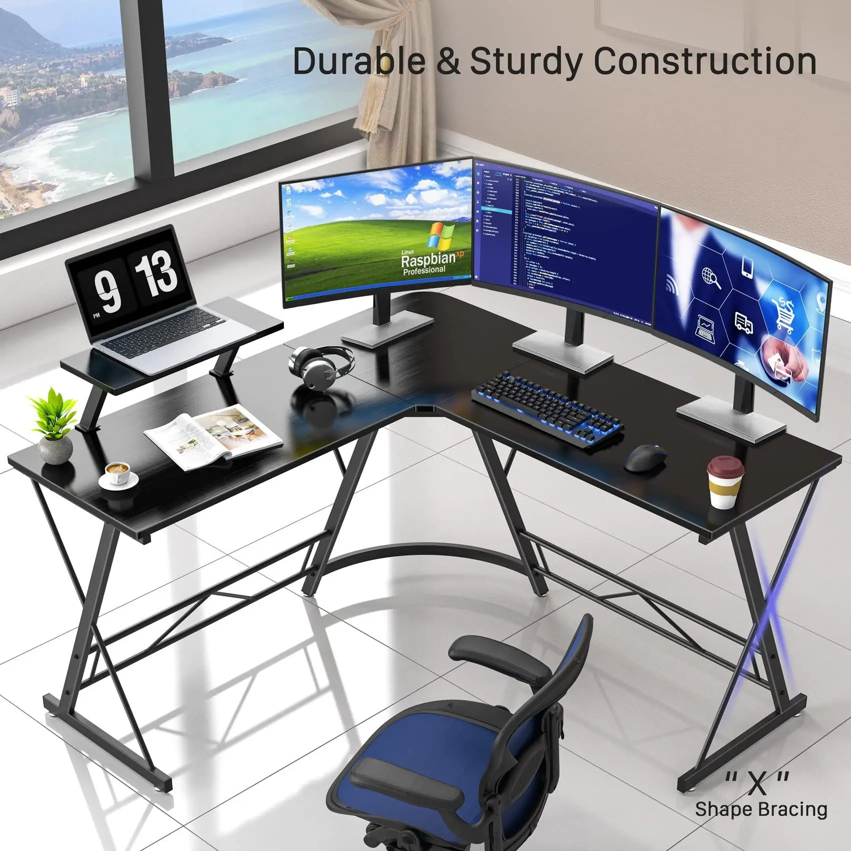 Custom Black Home Corner Desk Office Writing Workstation L Shaped Desk Computer Gaming Table