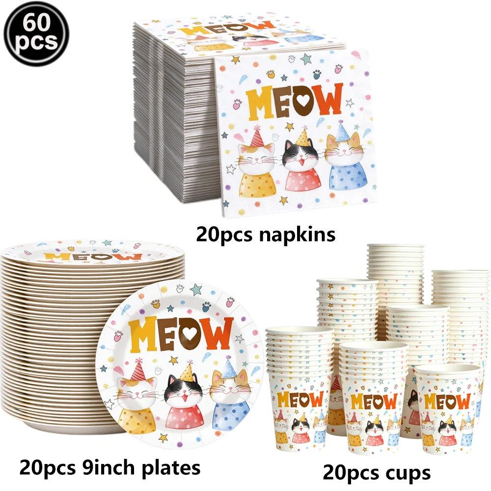 Cute Cat Theme Party Tableware, Plates, Cups, Napkins