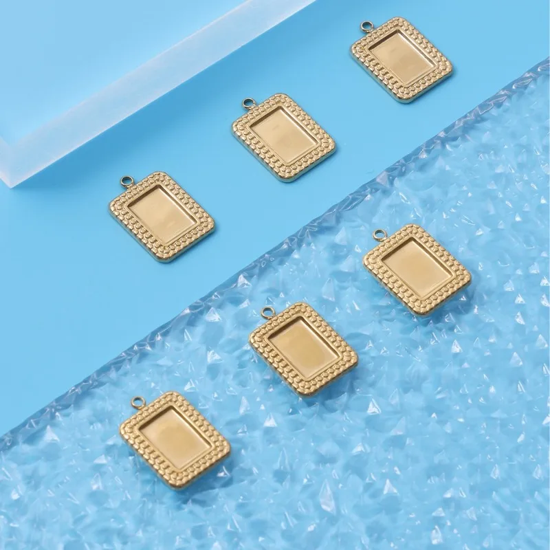 Vintage Beaded Edge Rectangle Blank Bezel Charm Pendants Gold Plated Tray For Resin Craft DIY Necklace Bracelet Making Supplies