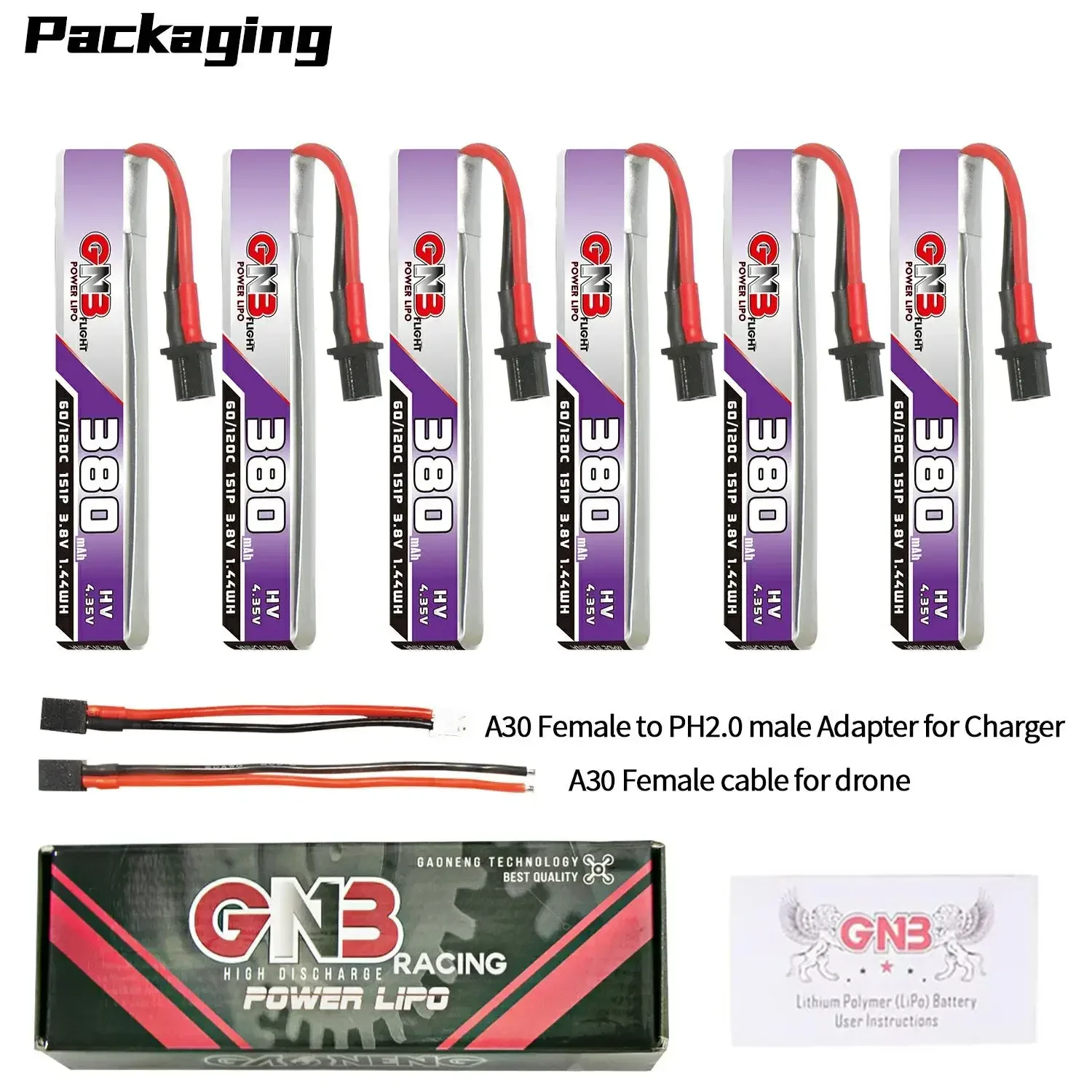 

6PCS GNB 380mAh 1S 3.8V 60C HV Lipo Battery High Current A30 Connector For RC FPV Whoop Drone DIY VS BETAFPV BT2.0 300mAh 1S