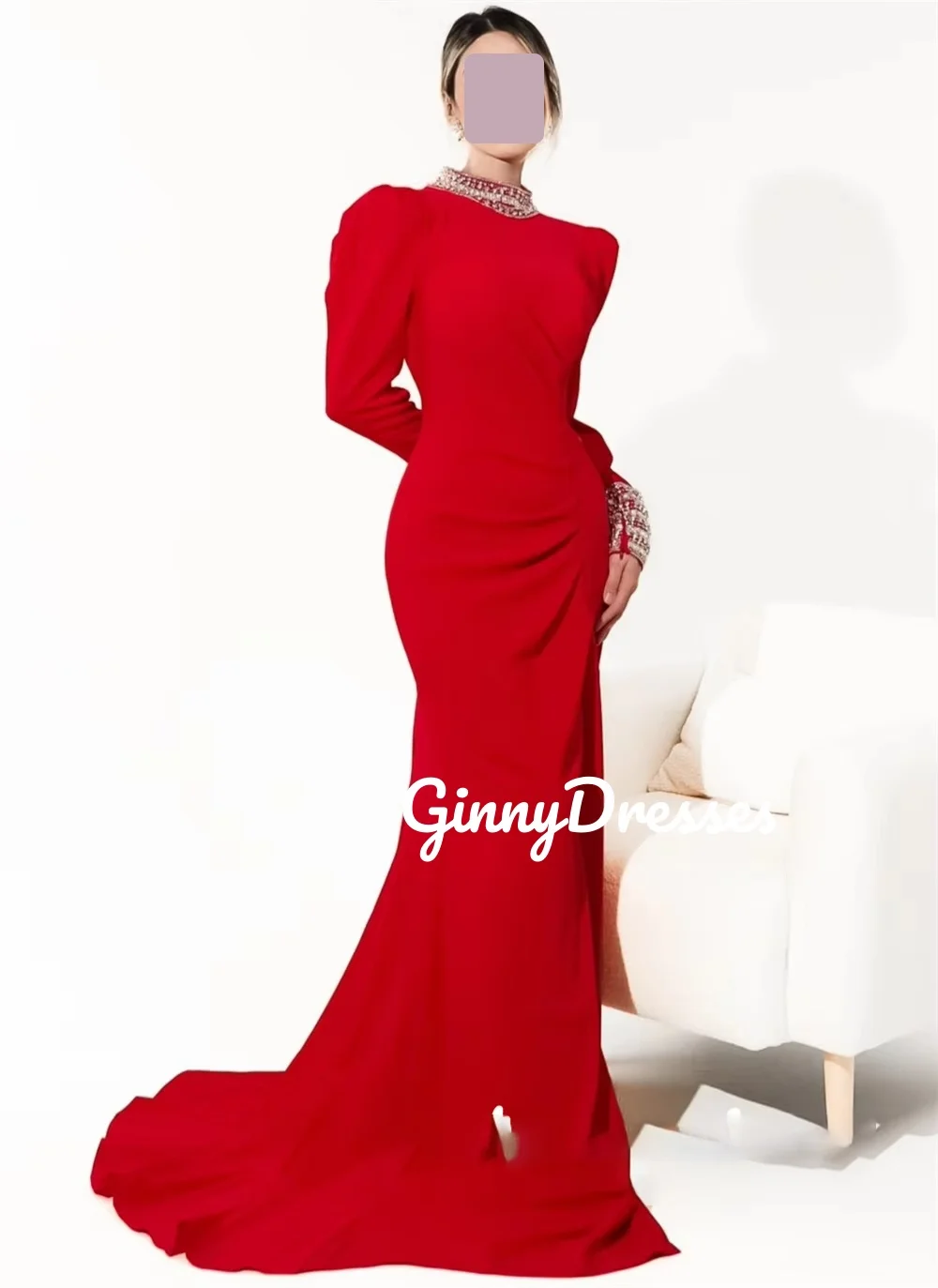 Party Dresses Customize Mermaid Scoop Neckline Zipper Up Elegant Party Dresses For Women Beadings Long Sleeves Floor-Length Dres