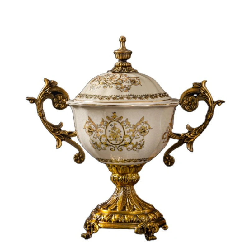 

China Factory Prices Luxury Home Decor Arts Table Ornament Gold Ceramic Storage Jar With Alloy Handle
