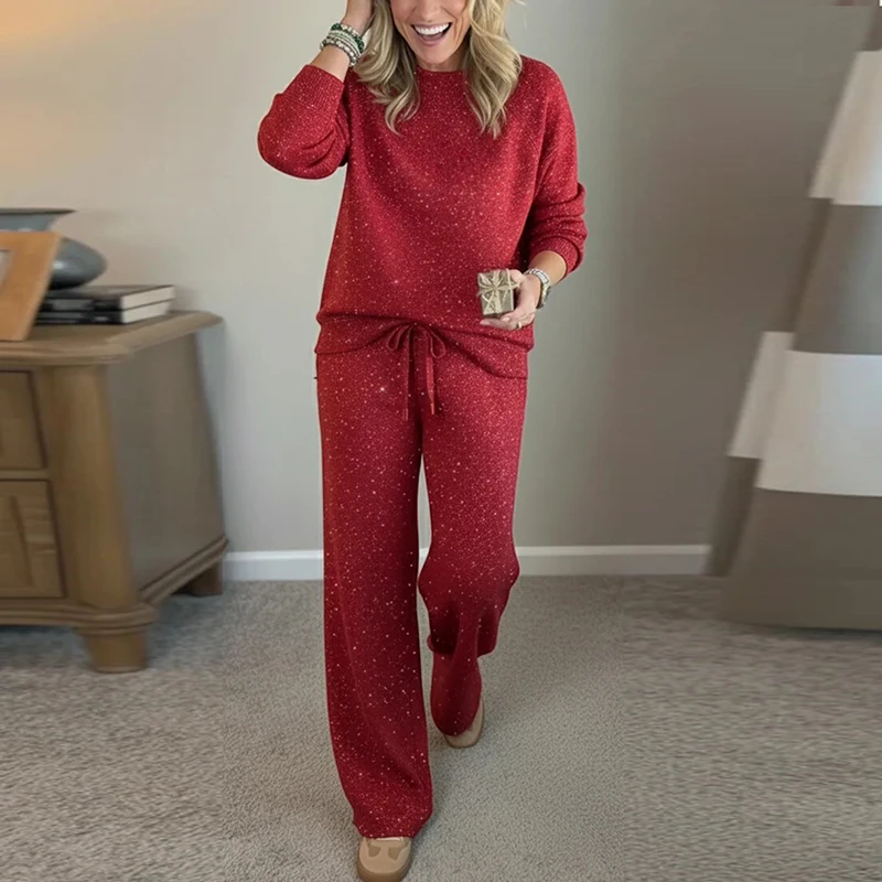 Damski dwuczęściowy zestaw jesienno-zimowy: bluza z długim rękawem i okrągłym dekoltem oraz spodnie ze sznurkiem, damski komplet świąteczny z nadrukiem.