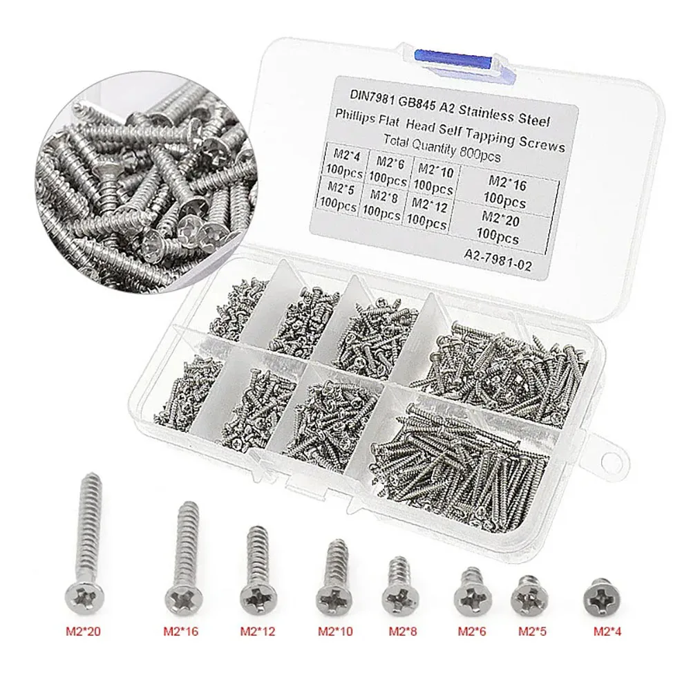 800pcs M2 Self Tapping Screw Assortment Kit Flat Head Sheet Metal Screw Lock Nut Wood Thread Nail Screw Sets Self Lock Nut Wood