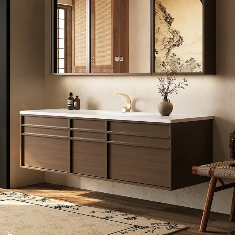 Oak retro bathroom cabinet toilet washstand wash basin cabinet bone line integrated basin luxury stone