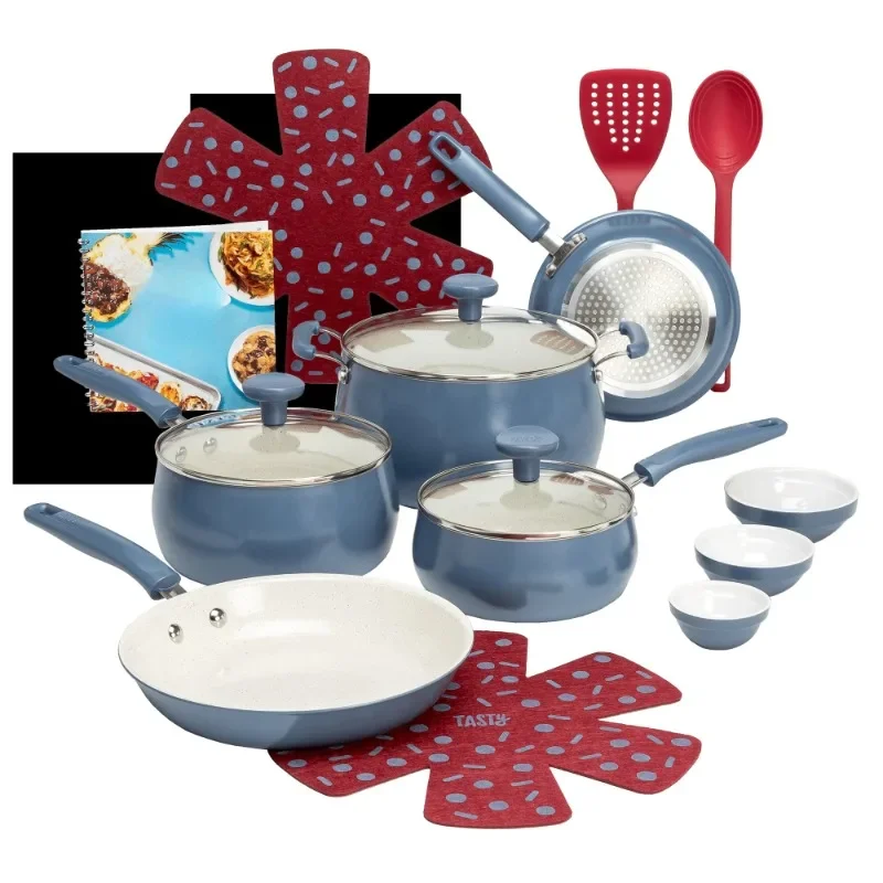 

NEW 16 Piece Non-Stick Aluminum Cookware Set, Slate Blue-Fast shipping