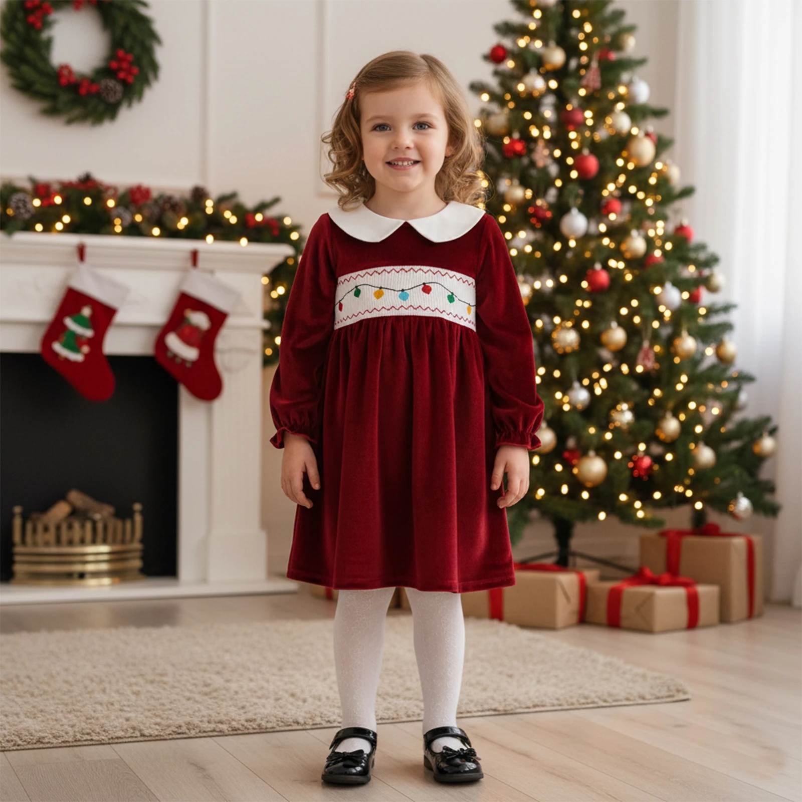ViSgogo Toddler Girl Christmas A Line Dress Lights String Embroidery Long Sleeves Doll Collar Velvet Dress