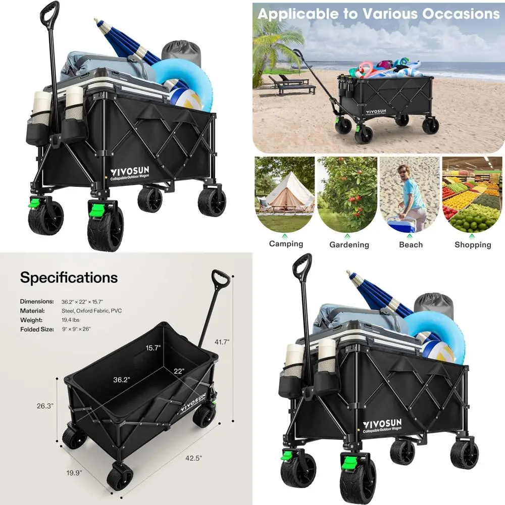 

All-Terrain Folding Wagon for Outdoor Adventures with Silent Wide Wheels, Adjustable Handle, Cup Holders, and Side Pockets - Ide