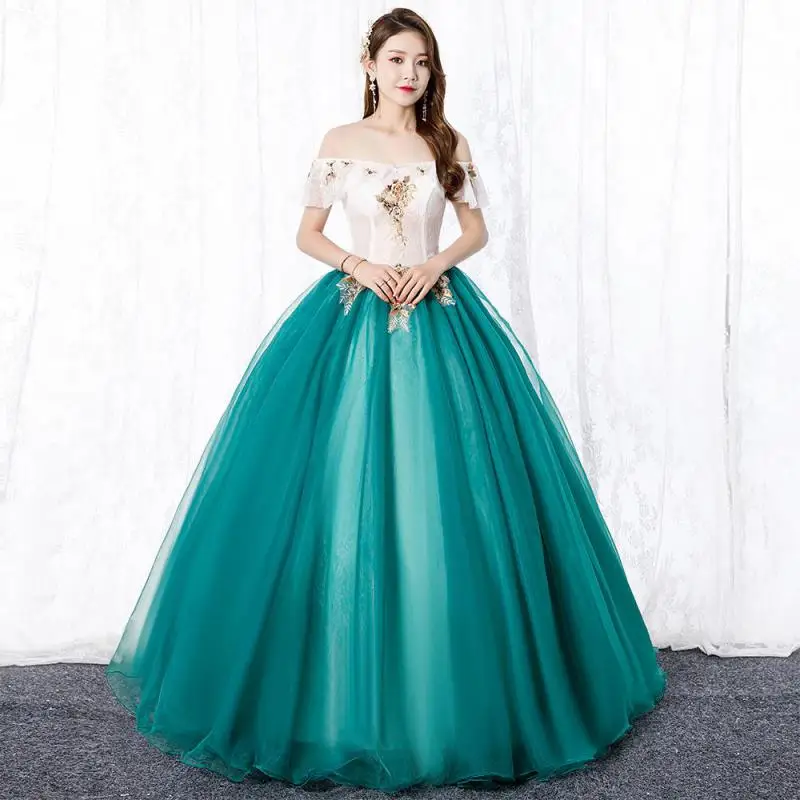 

Sexy Lace Illusion Tulle Ball Gown Fashion Off The Shoulder Green Quinceanera Dresses Flowers Floor-length Vestido De Debutante