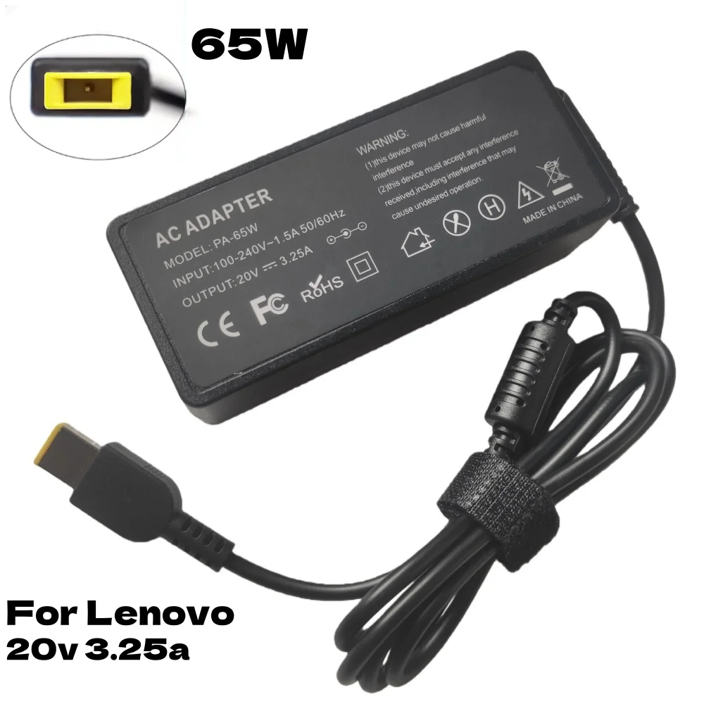 Carregador de Laptop AC Quadrado 65W 20V 3.25A para Lenovo Thinkpad X301S X230S G500 G405 X1 Carbon E431 E531 T440s Yoga 13