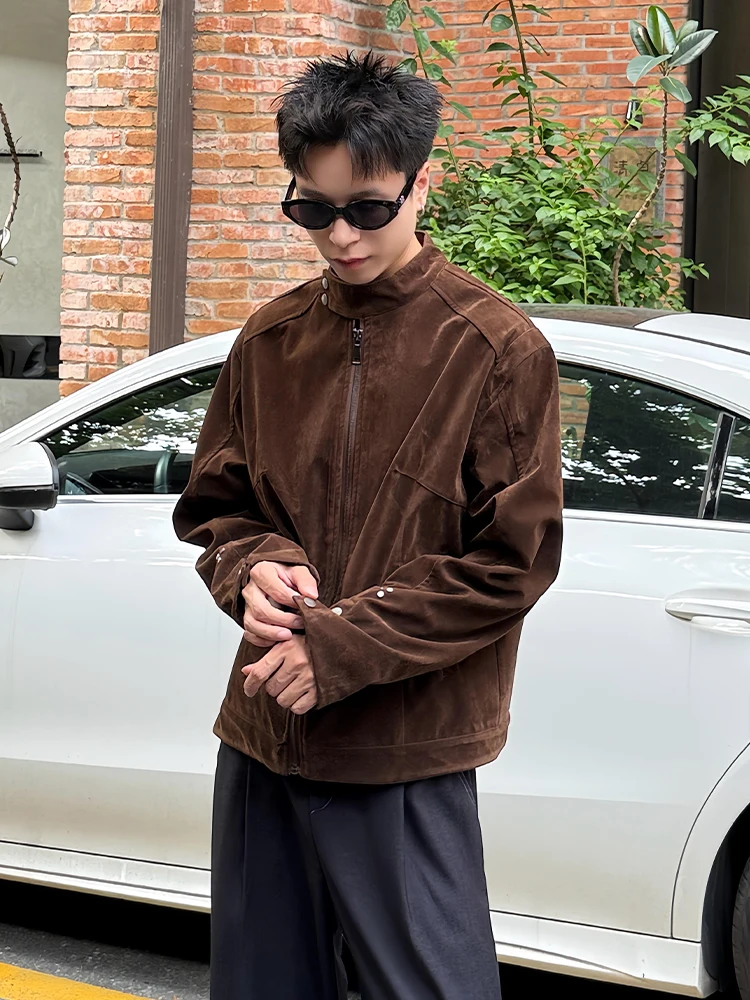 

Caramel American Retro Harington Flight Jaet Men's ort Velvet Leather Stand Collar Vintage Outerwear Casual Sle