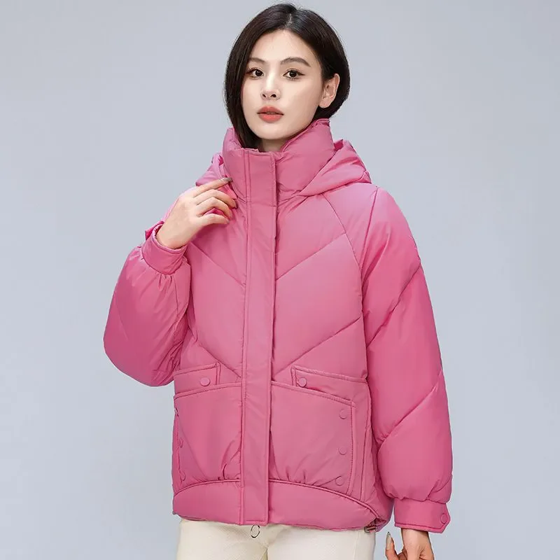 2024 Cotton Jacket For Women Winter Stylish Solid Hooded Stand Collar Loose Thick Warm Down Cotton Padded Jacket