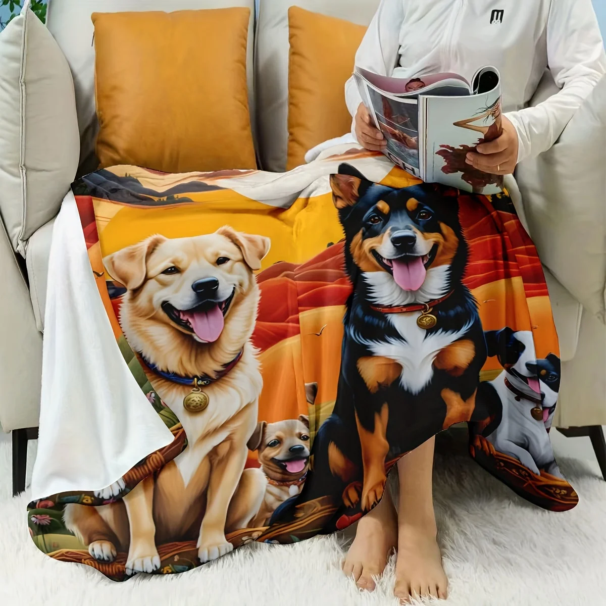 A Dusk-themed Family Portrait Flannel Blanket Featuring a German Shepherd Dog, a Cozy Printed Flannel Throw with Vibrant Colors,