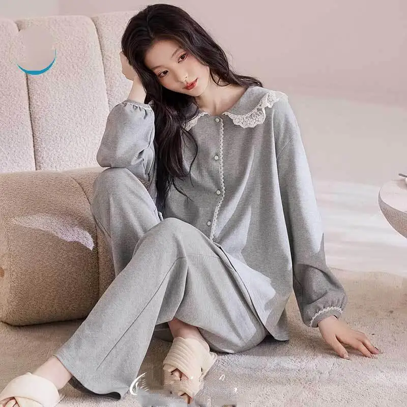 Women's Floral Long Sleeved Long Pants Pajama Set Women's Spring and Autumn Lace Round Neck Home Wear Student Soft Two-Piece Set