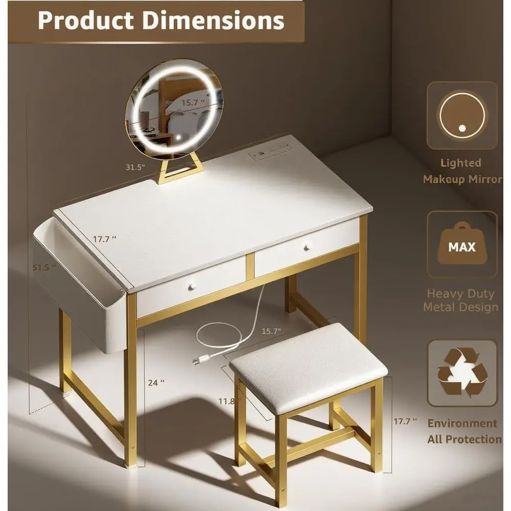 Tocador de maquillaje blanco y dorado con espejo y luces, cajones, sillas de tela y toma de corriente para dormitorio moderno