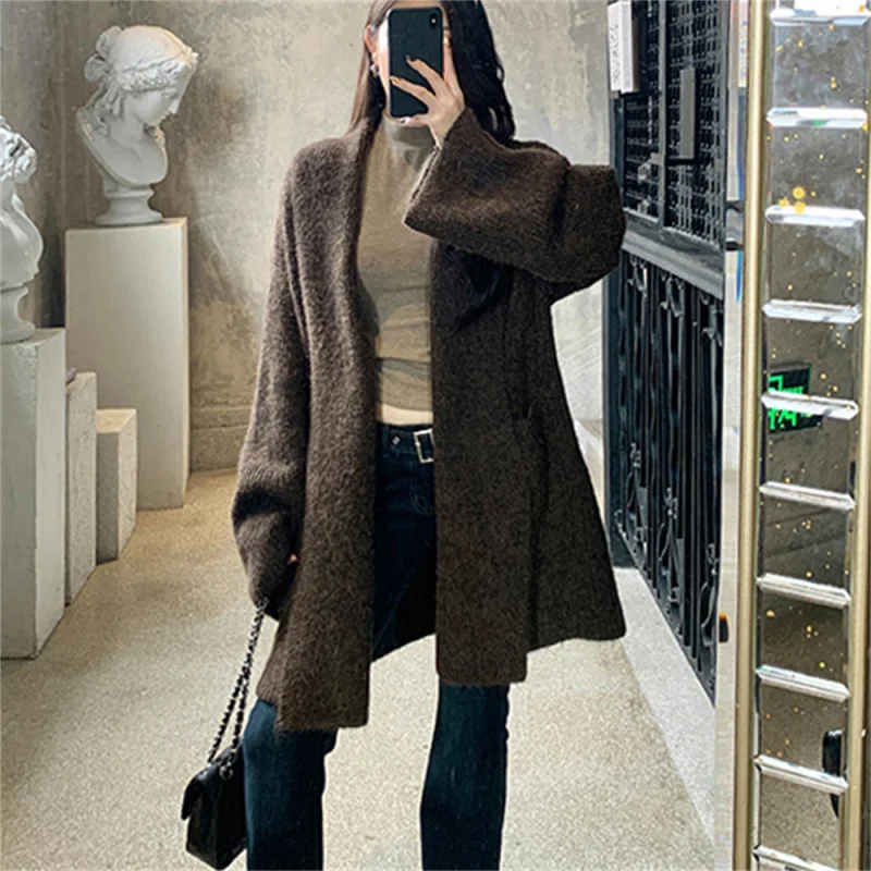

Elegant Mid-Length Retro Simple Knitted Cardigan Women, New Autumn And Winter Korean Style Lazy Loose Sweater Coat Women