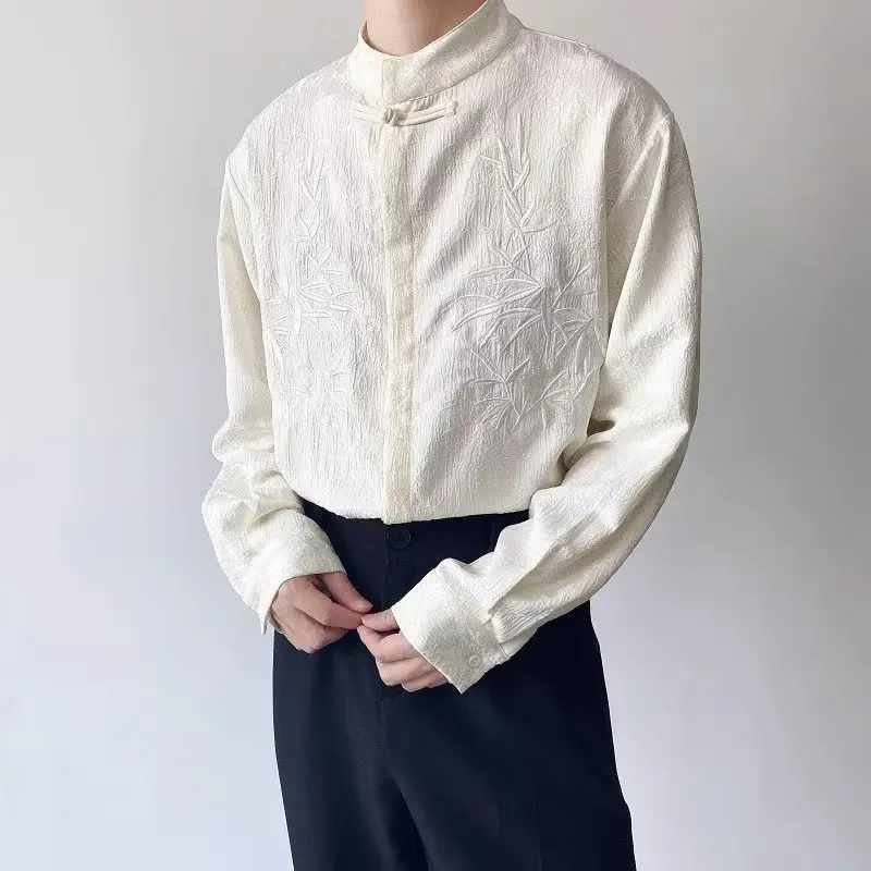 

Embroider Bamboo Tang Clothes Men's Long Sleeve Shirt New Chinese Style Tops Vintage Button Down Kungfu Costume Solid Jacket