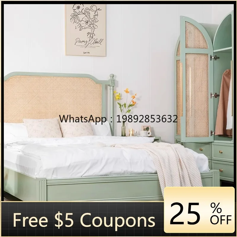 

YFY French Cream Style Rattan Wardrobe Clothes Storage Cabinet Homestay Hotel Arched Double Door Wardrobe