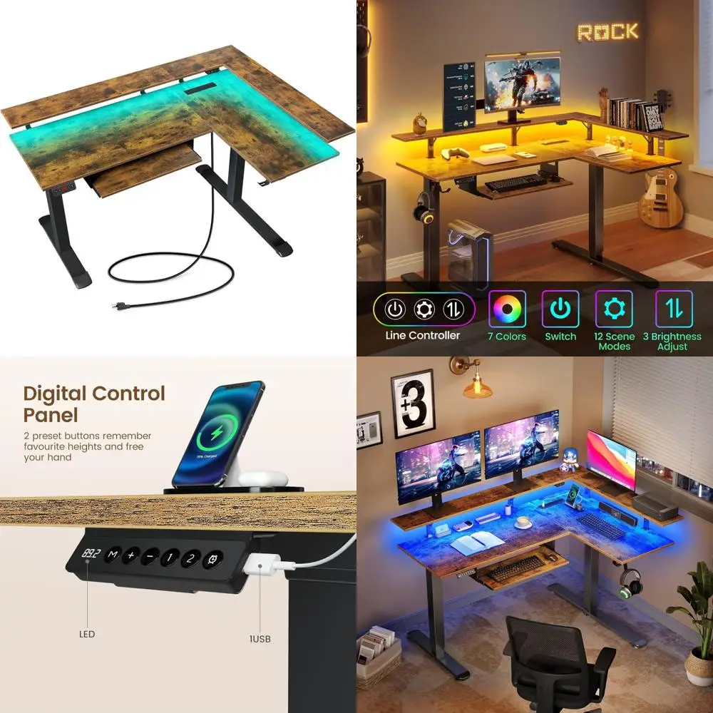 

Height Adjustable L-Shaped Corner Desk with LED Light and Power Outlet, Electric Sit-Stand Option