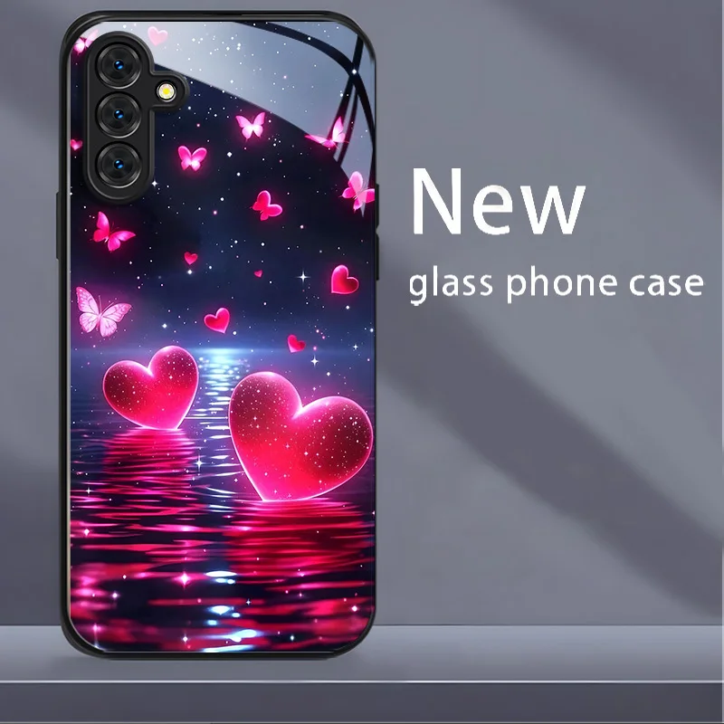 Love Moon Tempered Glass Phone Case Suitable for Samsung Galaxy S26 S25 S24 S23 S22 S20 FE/Ultra/Plus Anti Drop Back Cover