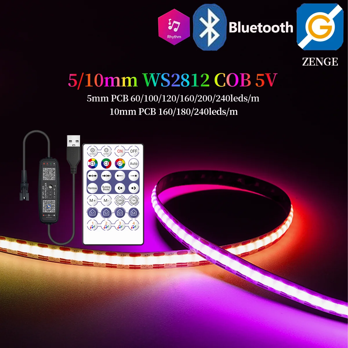 

WS2812 RGBIC Smart COB Strip WS2812B Individually Addressable 5/10mm Full color COB Led Light whit USB 28keys Music controller