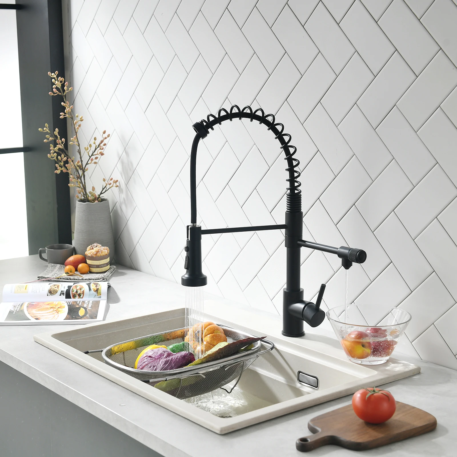 

3 Way Spring Kitchen Faucet with Purified Water Filter Hot and Cold Water Black Kitchen Sink Mixer Tap Faucet Pull Down Sprayer