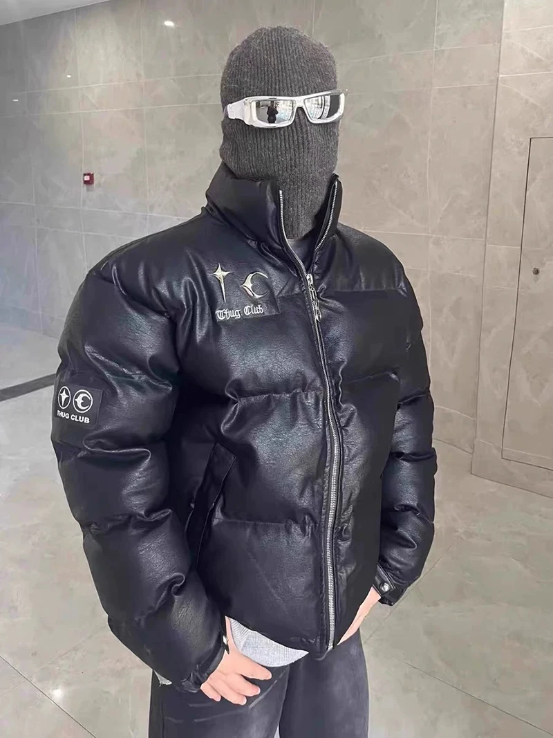 

Thug Club Leather Jackets Metal Logo TC Cotton-padded Jacket Men's High-weight Thickened Windproof Warm Clothes Real Photo