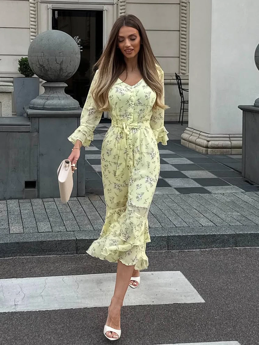 

Martahqiqi Printing Women Nightwear Long Sleeve Pajamas V-Neck Sleepwear Lace Up Nightie Mid-Calf Dress Winter Ladies Nightgowns