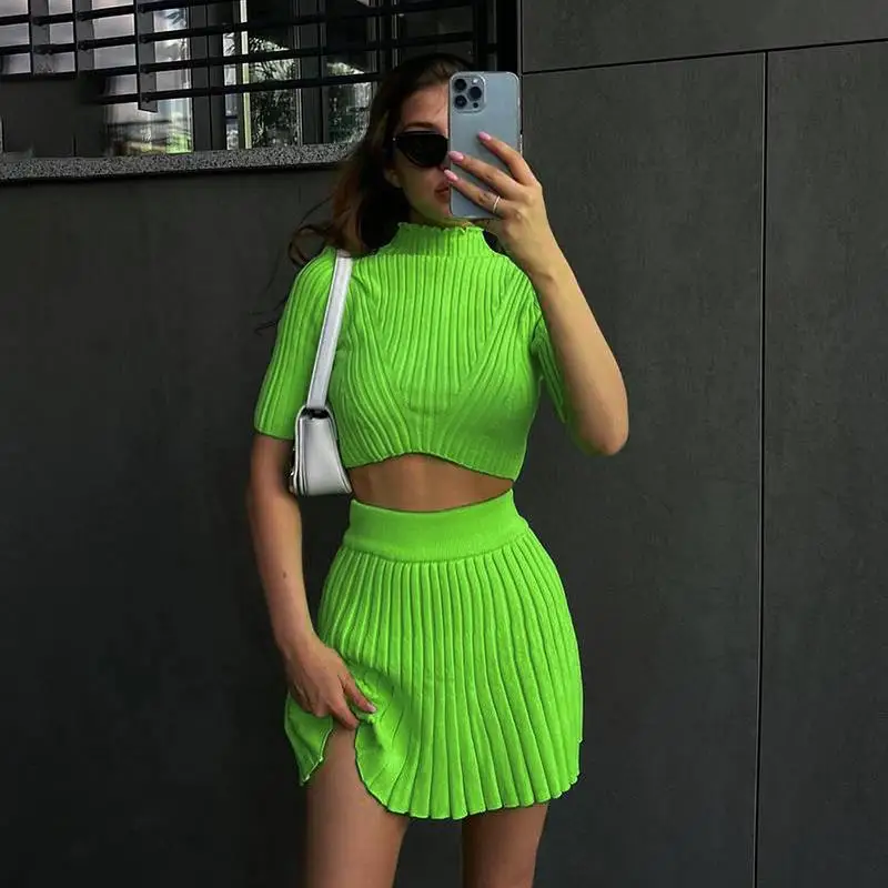 DSMTRC Solid Short Sleeve Sexy Crop T-Shirt Pleated Skirt Knitted Fall Elegant 2 Pcs Sets Slim Women Clothes Party Holiday Y2K