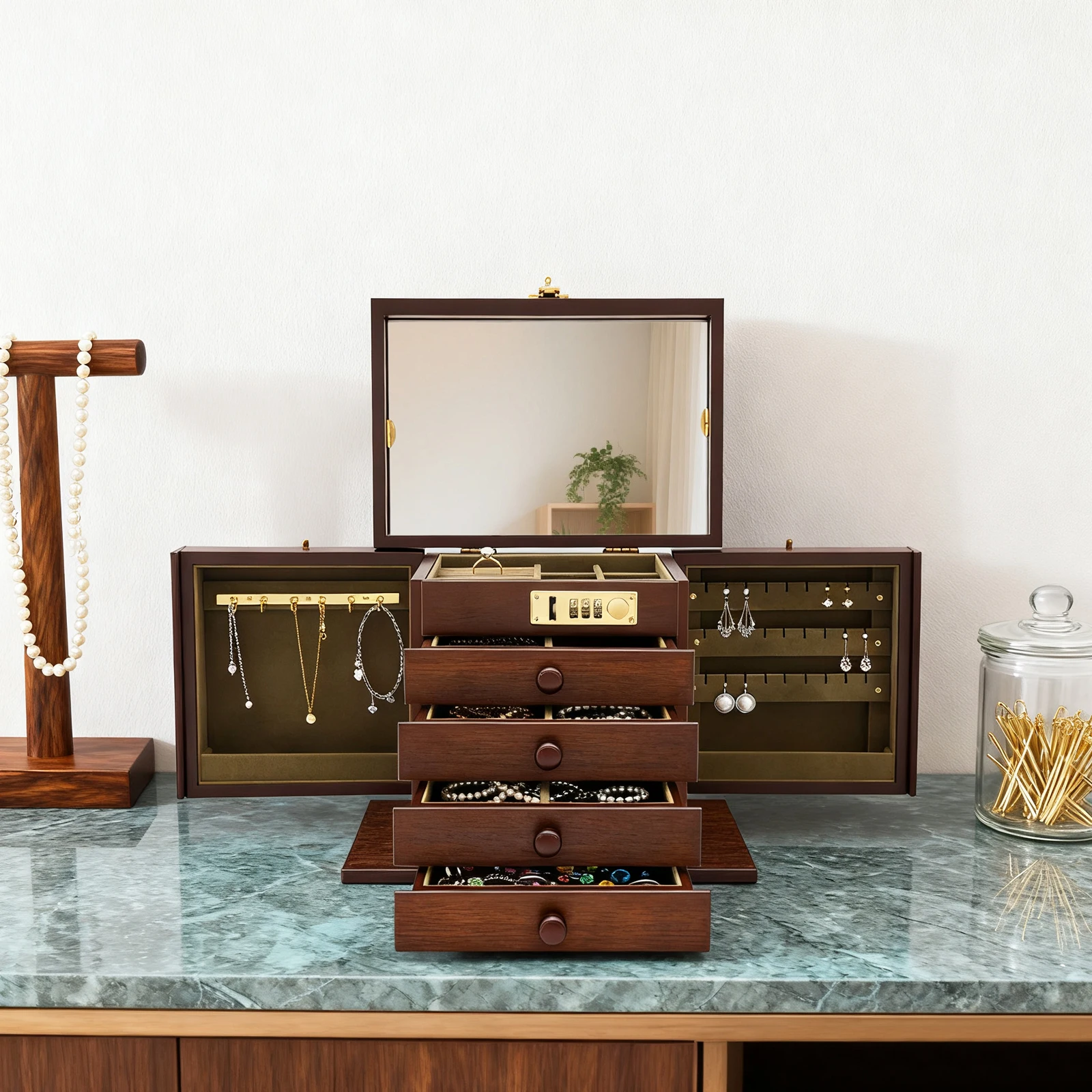 

Rustic Wooden Jewelry Storage Organizer Box with Combination Lock - Multi-Compartment Desktop Display Case for Rings & Bracelets