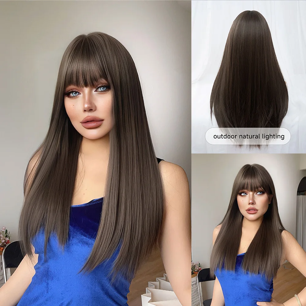 24Inch Greeny Brown Color Synthetic Wigs With Bang Long Natural Straight Hair Wig for Women Daily Use Cosplay Heat Resistant