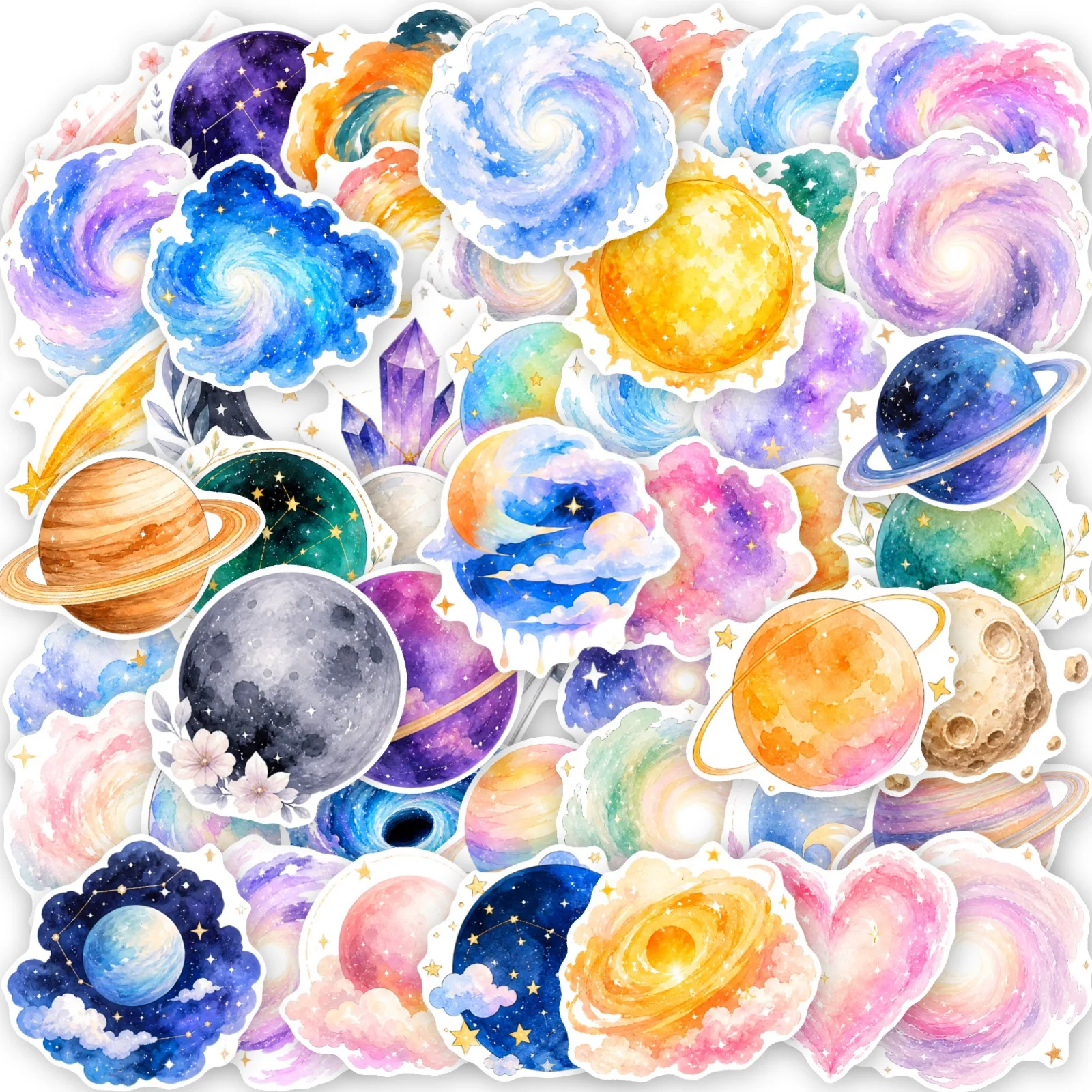 50 PCS Watercolor Universe Planet Stickers Dreamy Nebula Galaxy Planet Decals Student DIY Hand Account Material Waterproof Decal