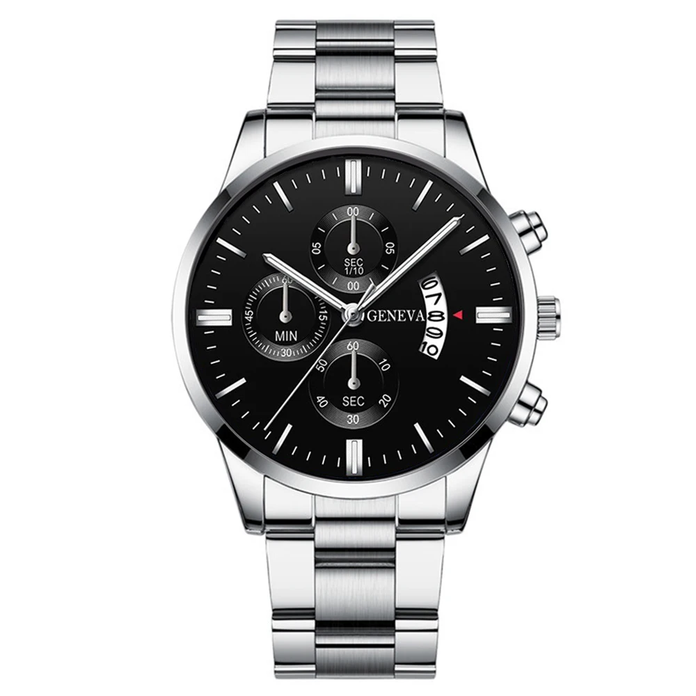 3PCS/Set Fashion Men\'s Stainless Steel Band Watch Casual Calendar Quartz Watch Jewelry Set(Without Box)