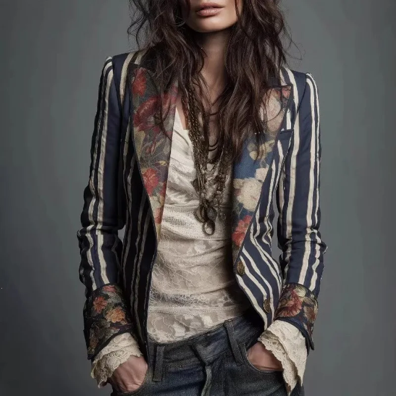 Women's Vintage Striped Blazer Floral Contrast Lapel Single Button Long Sleeve Jacket Boho Western Outerwear For Daily Office
