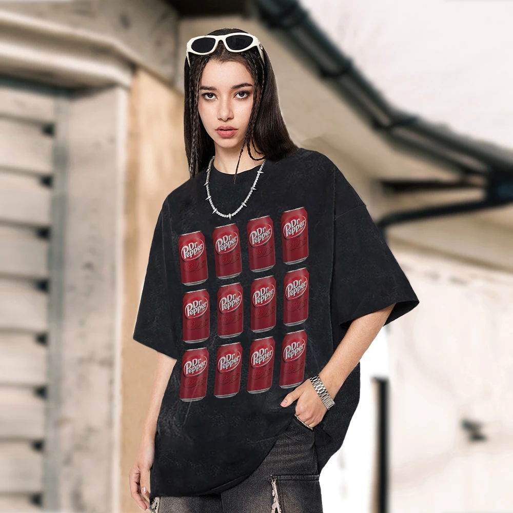 Funny Wind Soda Cola Print Women's T-Shirt Loose Wash Oversized Short Sleeve 2024 Featured Personality Fashion Top