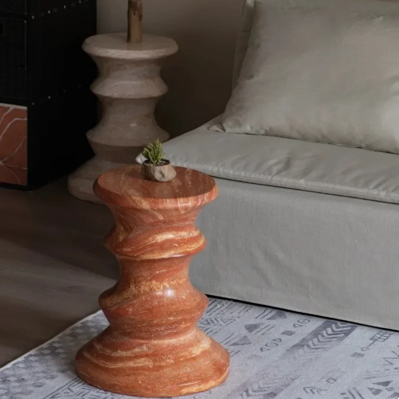 Wabi Sabi Imitation Travertine Side Table Hand Carved Wavy Twist Hourglass Shape Round Smooth Tabletop Sofa Corner Coffee Tabl