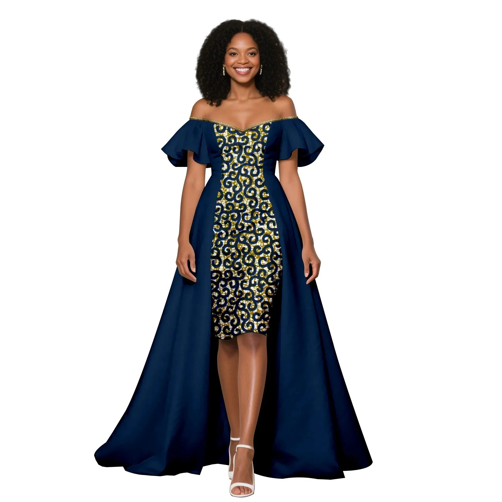 New Flare Pleated Sleeves Maxi Dresses Ruffled V Neck Ankara Long Party Dress New Couture Custom Made A Line Ruched Prom Gowns
