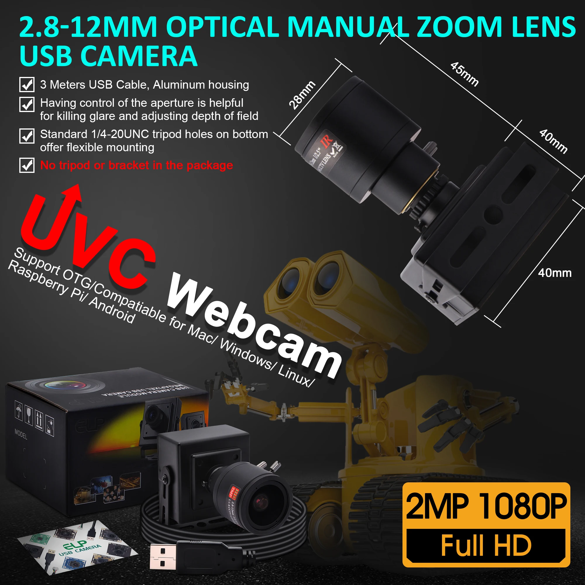 Caméra haute vitesse ELP 2MP 1080P HD OV4689, capteur 260FPS, avec objectif de mise au point manuelle 2.8-12mm, caméra USB UVC avec mini boîtier en métal