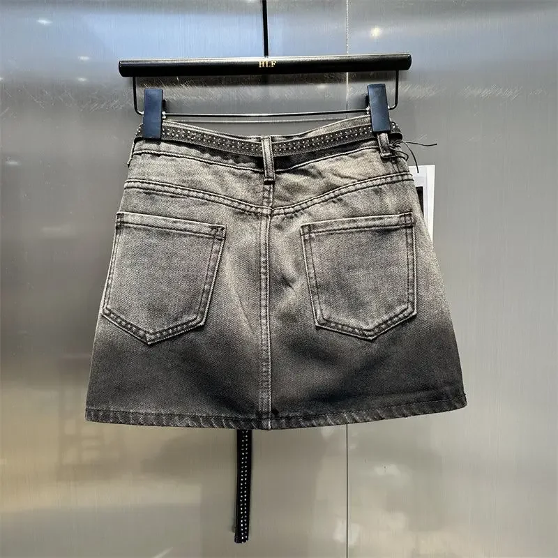 ใหม่แฟชั่น DENIM กระโปรงผู้หญิงสีเอวสูงอินเทรนด์ Rhinestone Slim MINI กระโปรง Y2k สาวร้อน Streetwear